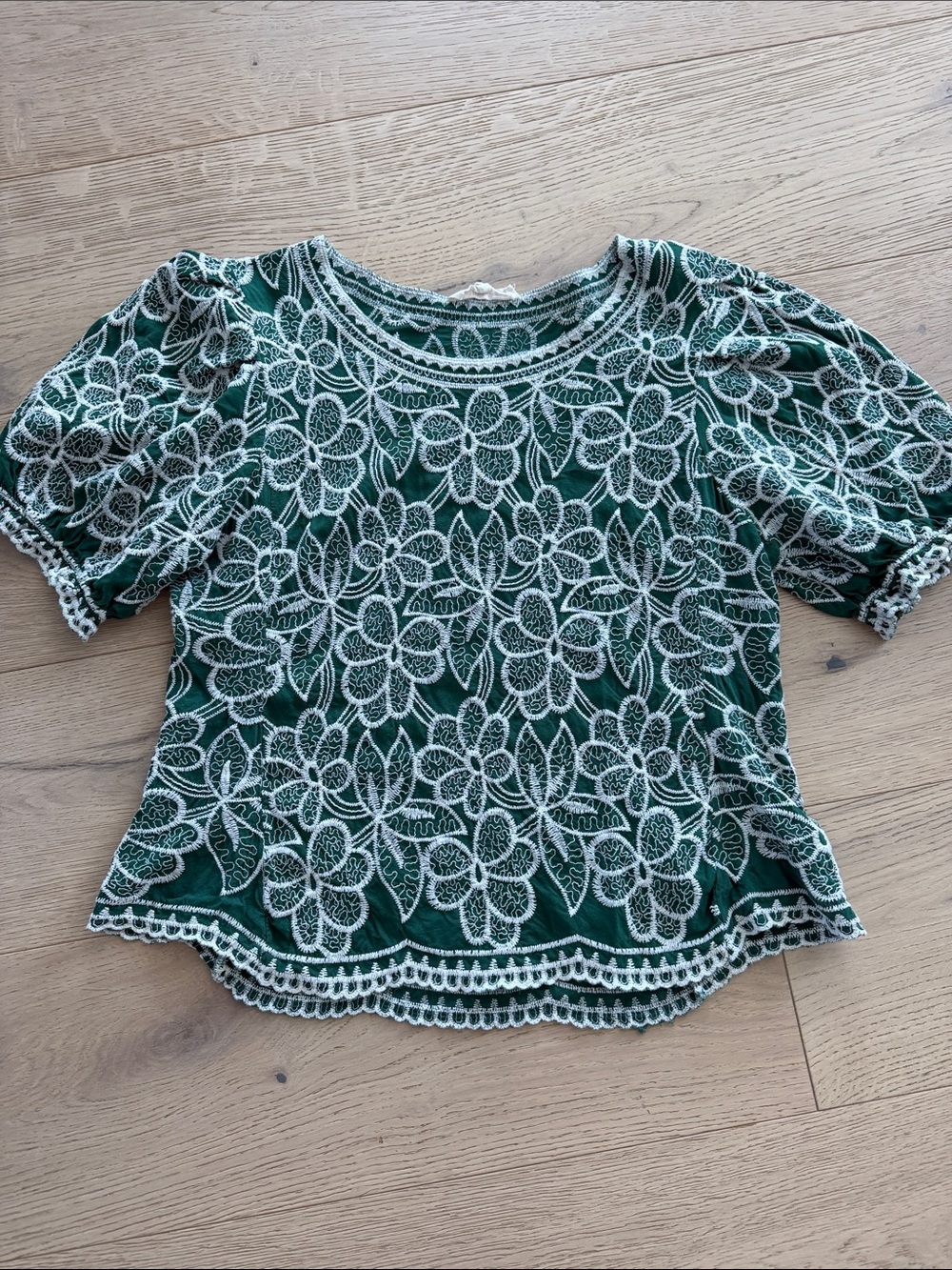 Solitaire Embroidered Blouse Puff Sleeve Floral Boho Top Size Large Popover